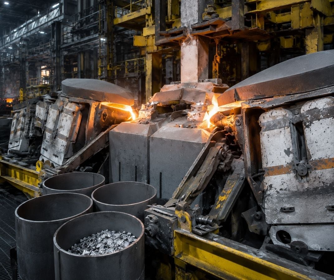 Installations industrielles d’une aluminerie avec métal en fusion.
