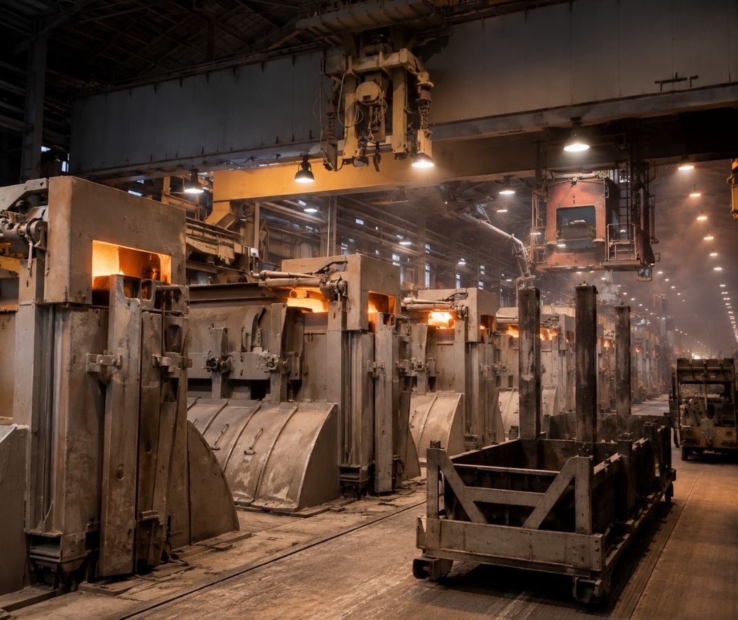 Usine d’aluminium avec équipements industriels et fours en fonctionnement.