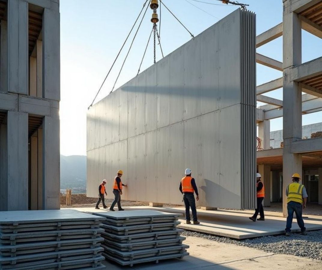 Travailleurs installant des panneaux préfabriqués sur un chantier de construction.