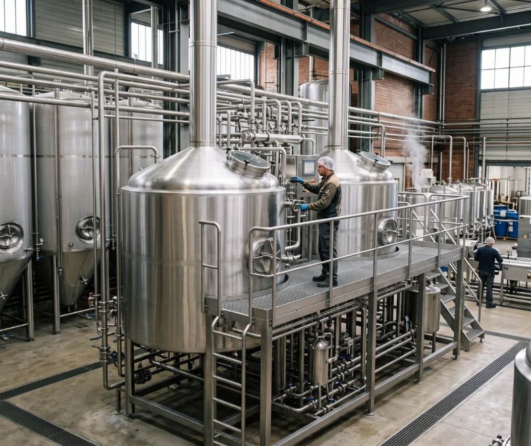 Employ&eacute; travaillant dans une usine de transformation alimentaire &eacute;quip&eacute;e de cuves en acier inoxydable.