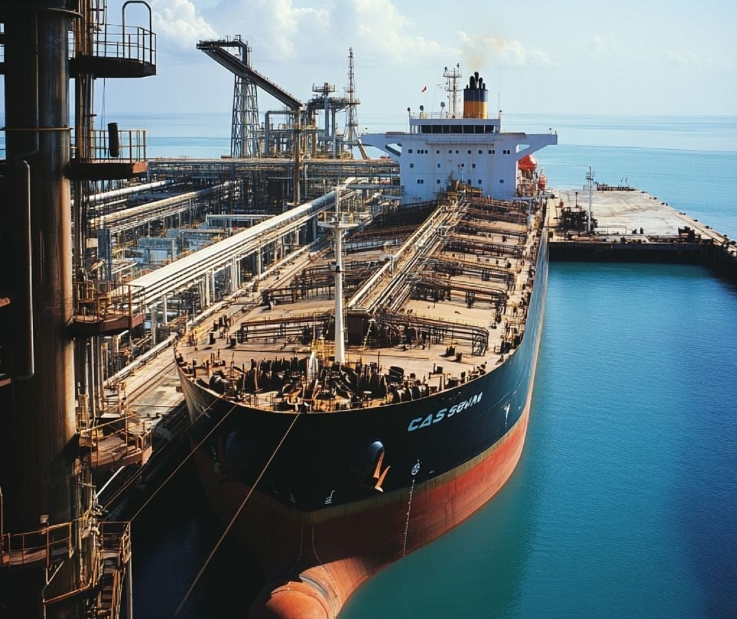 Navire-citerne amarré à une installation portuaire industrielle.