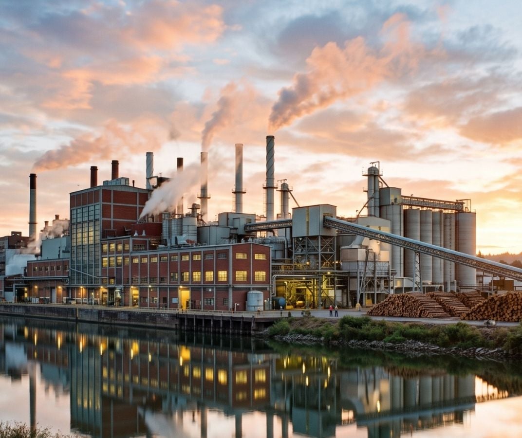 Usine papeti&egrave;re au bord de l&rsquo;eau avec chemin&eacute;es industrielles et piles de bois.