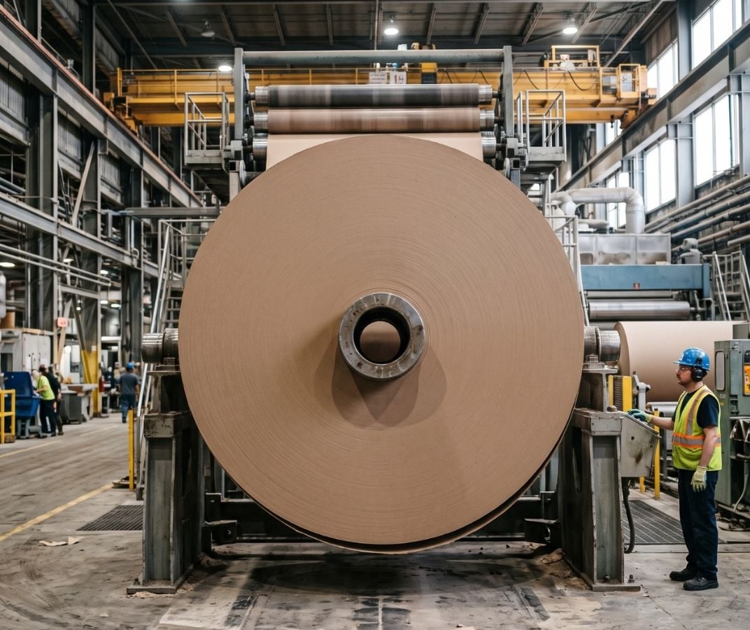 Travailleur dans une usine papeti&egrave;re devant un grand rouleau de papier.